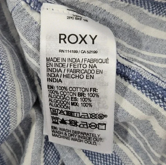 Roxy Blue White Stripe Tie Front Button Front Mini Dress Pockets Size M NWT‎